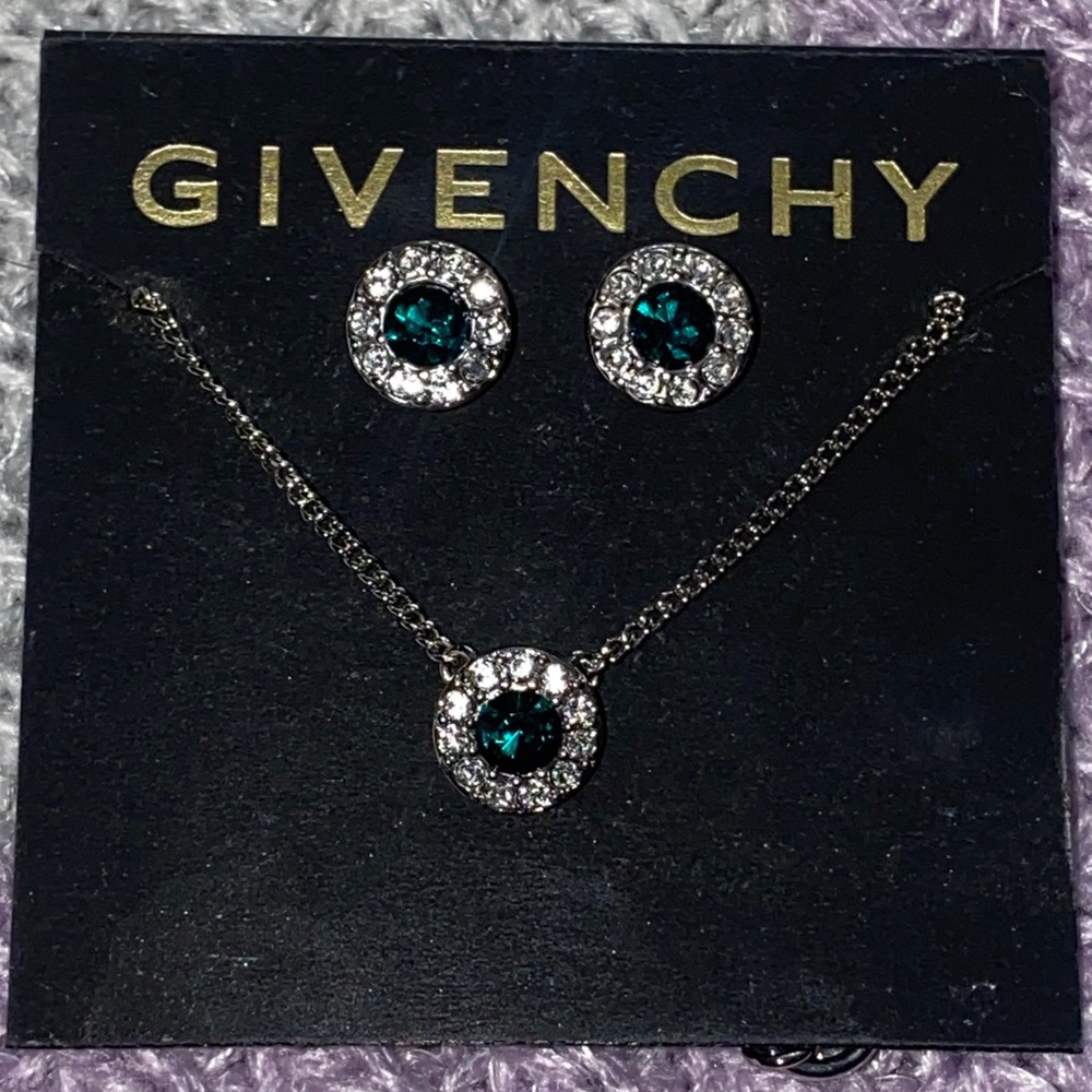 GIVENCHY Green Stone & Crystal Halo Pendant Necklace & Stud Earrings NWT